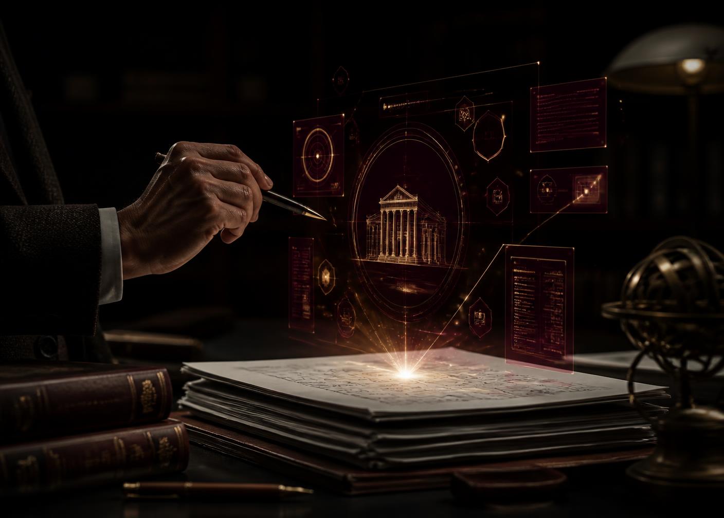 A professor configuring a glowing academic AI interface above lecture notes