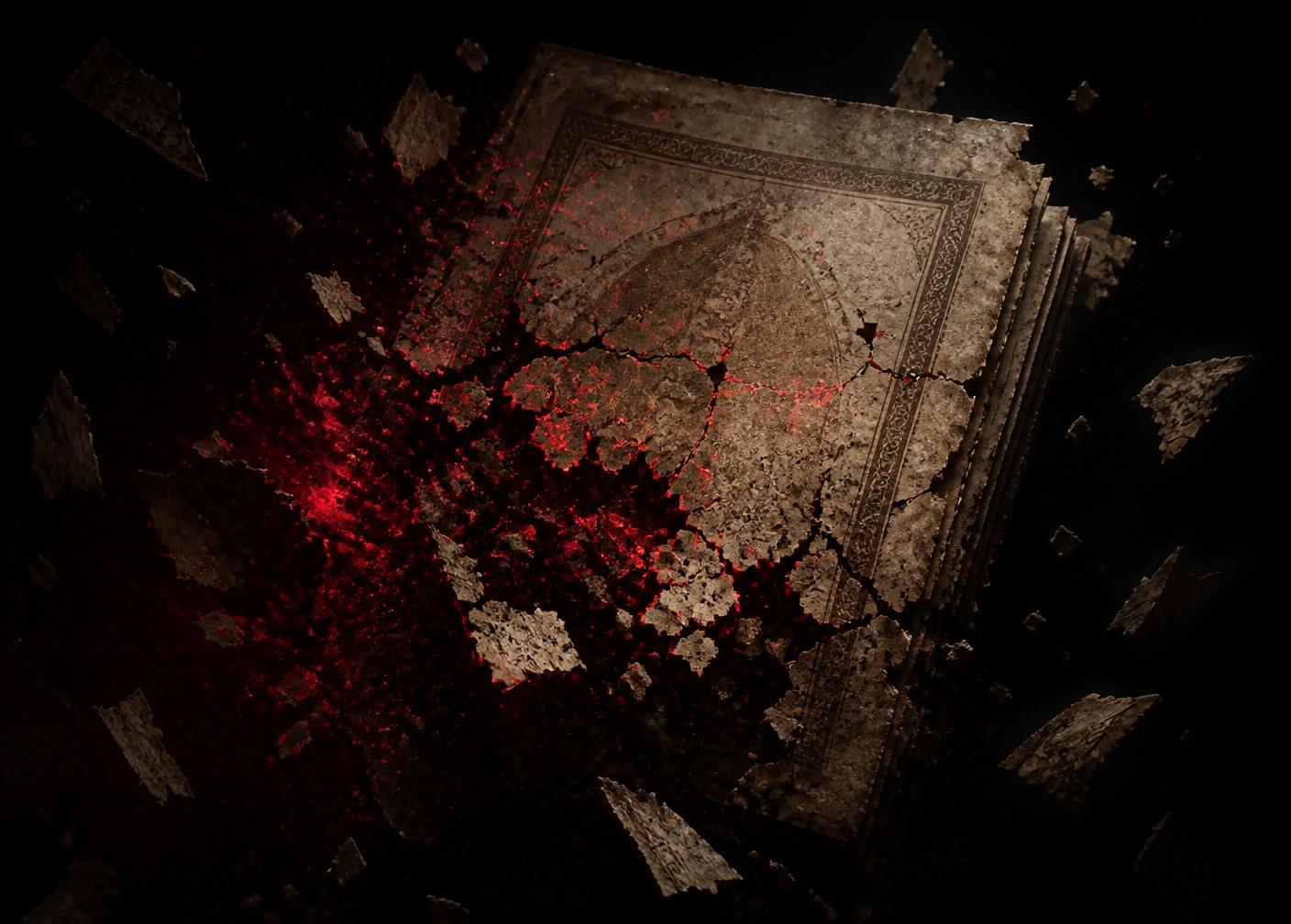 A classical manuscript fracturing into glowing fragments